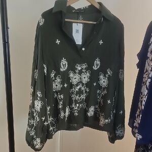 SHEIN Olive Green Button-Down Blouse with White Floral Embroidery